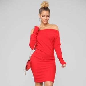 NWT Sexy Red Ribbed Off the Shoulder Sweater Dress by Fashion Nova